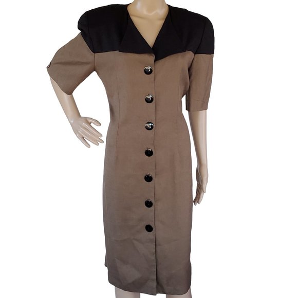 Vintage Midi Sheath Dress Women's 8 Button Front 40's Style V Neck Shoulder Pad - Picture 3 of 12